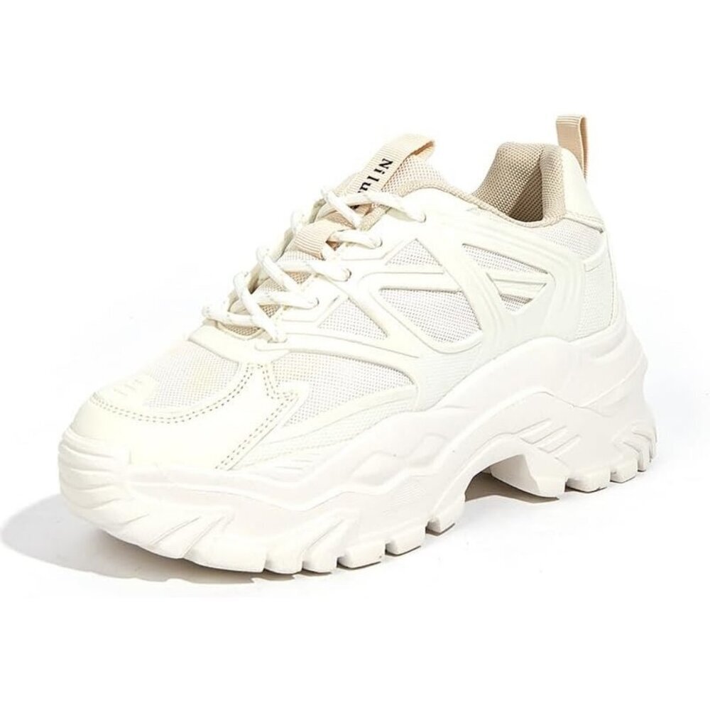 Women Beige Casual Tennis Lace Up Chunky Sneakers Shoes